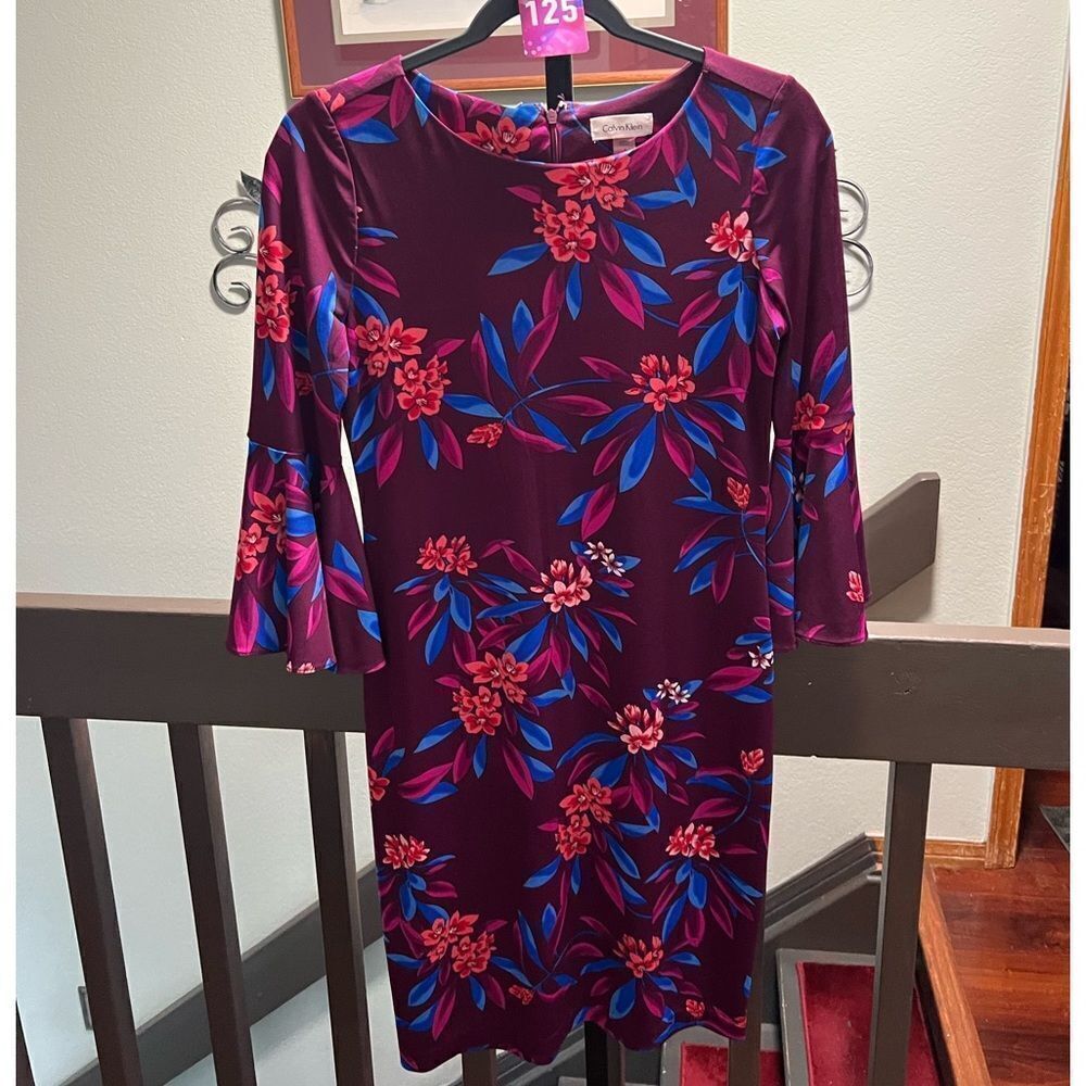 EUC Calvin Klein Floral Purple Dress 3/4 Bell Sleeves Size 4 #125